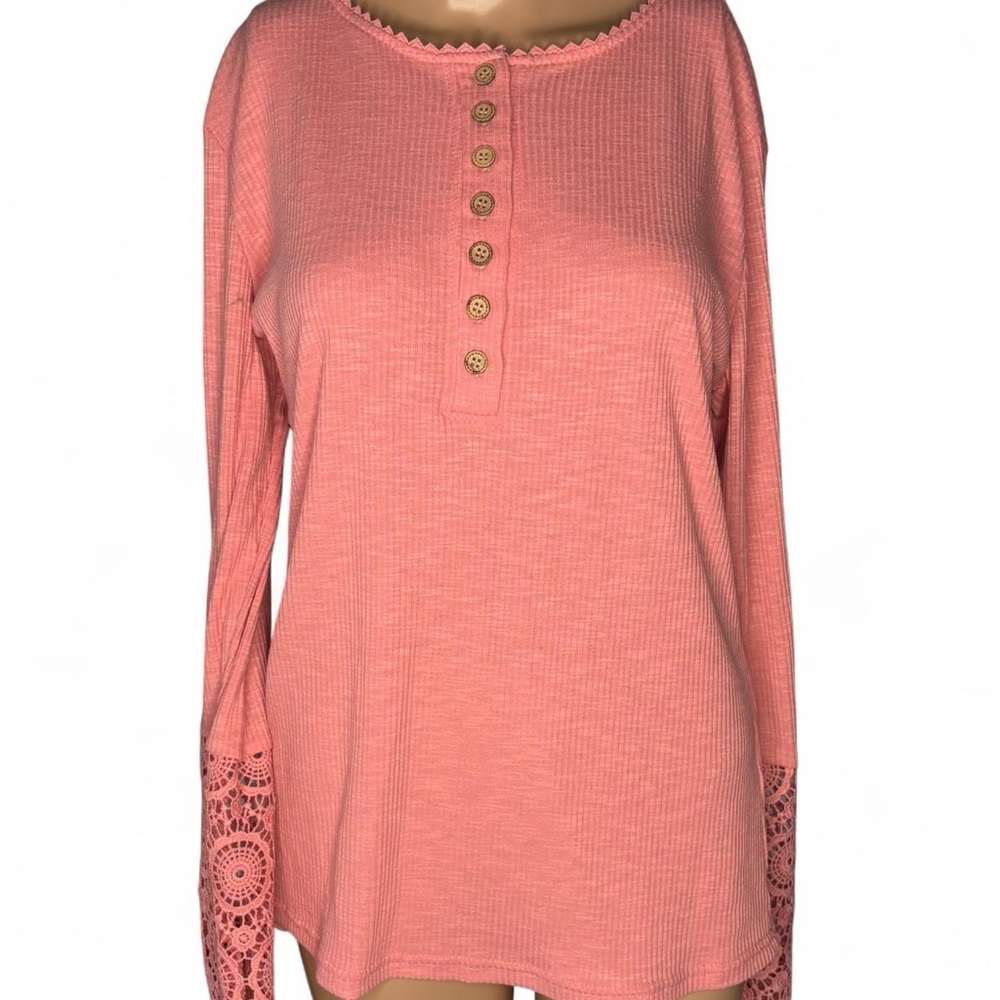 Blush Pink Waffle Knit Henley Top | Crochet Lace Sleeves | Long Sleeve